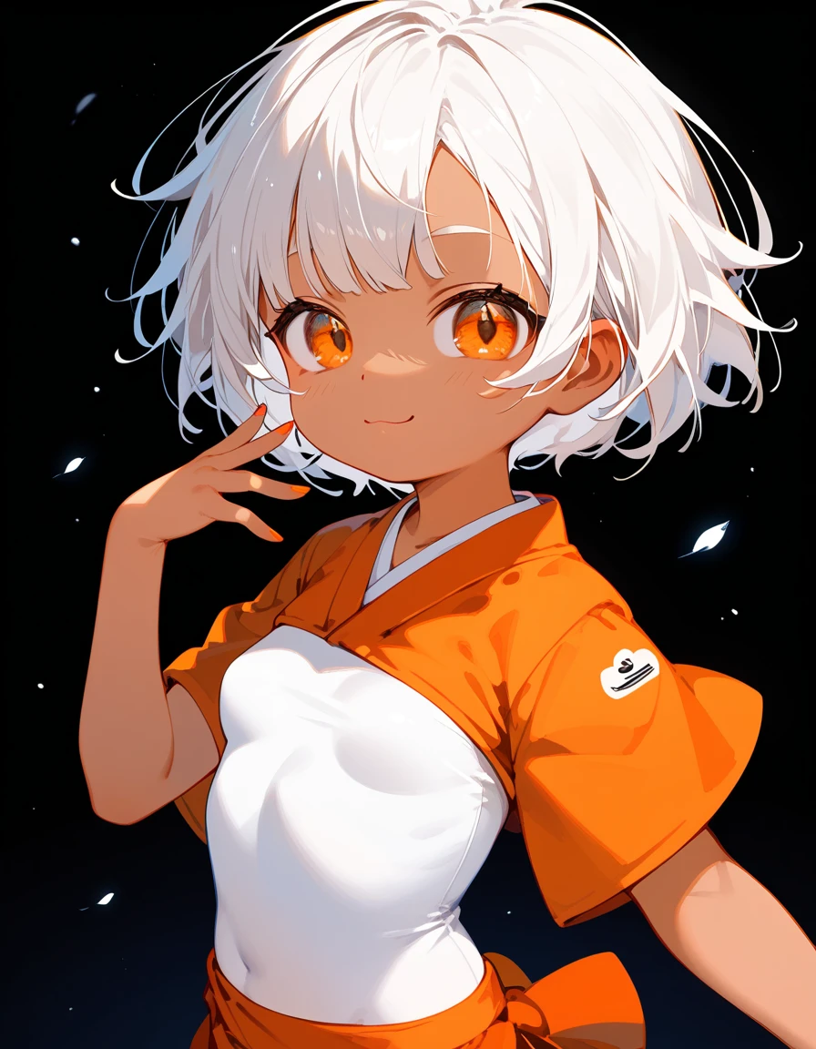 alone,girl,มี1he สีดำ1, 1he ,Japan,White hair, Tanned skin, In the orange eyes, dark edges, small breasts,Short hair,cute, orange kimono, fan boy ,bright,Loli,Emotionless, black background