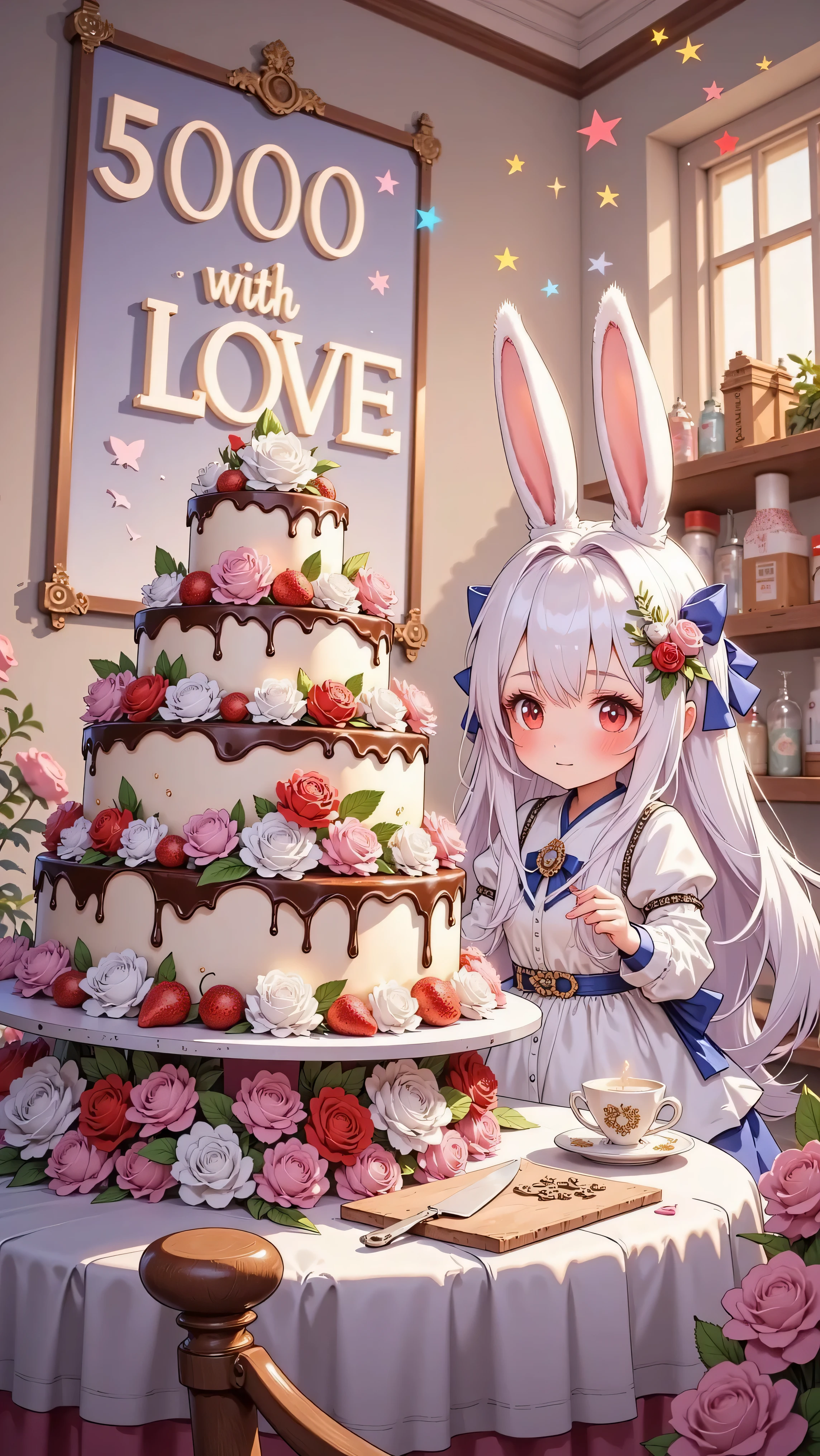 big text on cake say "5000 THANK with LOVE".  rabbit girl\(chibi,cute, kawaii,red eyes,white rabbit ears, luxuriously braided long white hair, big black hair bow, bangs, idol, looking at cake, smiling\)focus on the cake, beautiful bokeh,vivid lighting. chandelier.