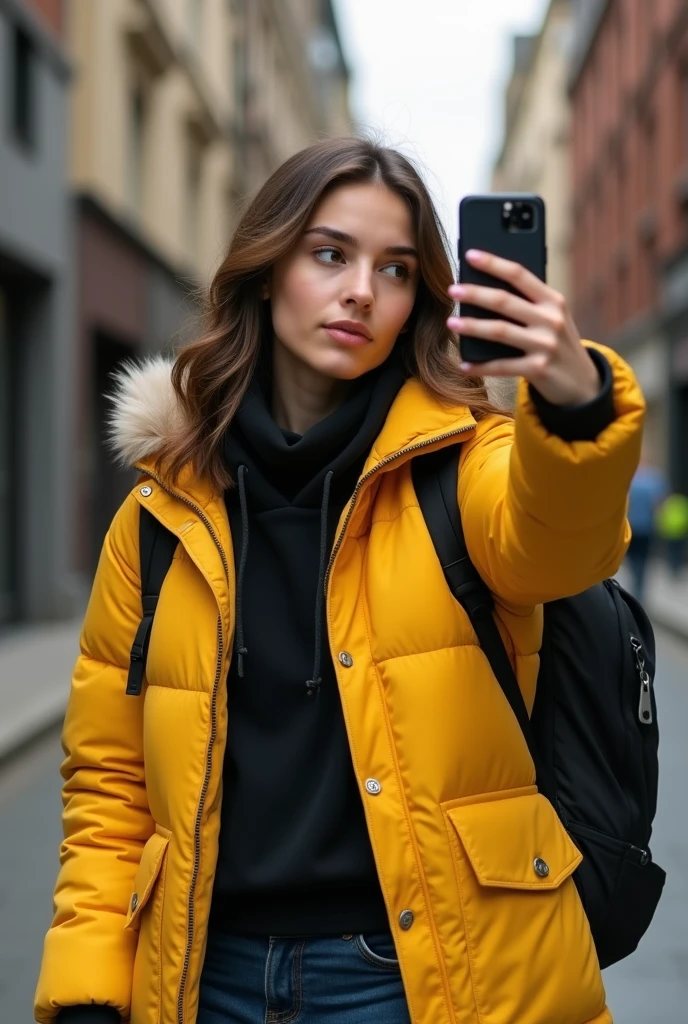 Beautiful brunette model, flirty smile , walking down a London sidewalk, gym bag on shoulder, wearing baby blue Lululemon scrunch butt leggings and grey hoodie, taking a selfie, POV Camera, with an iPhone 15 pro max at home