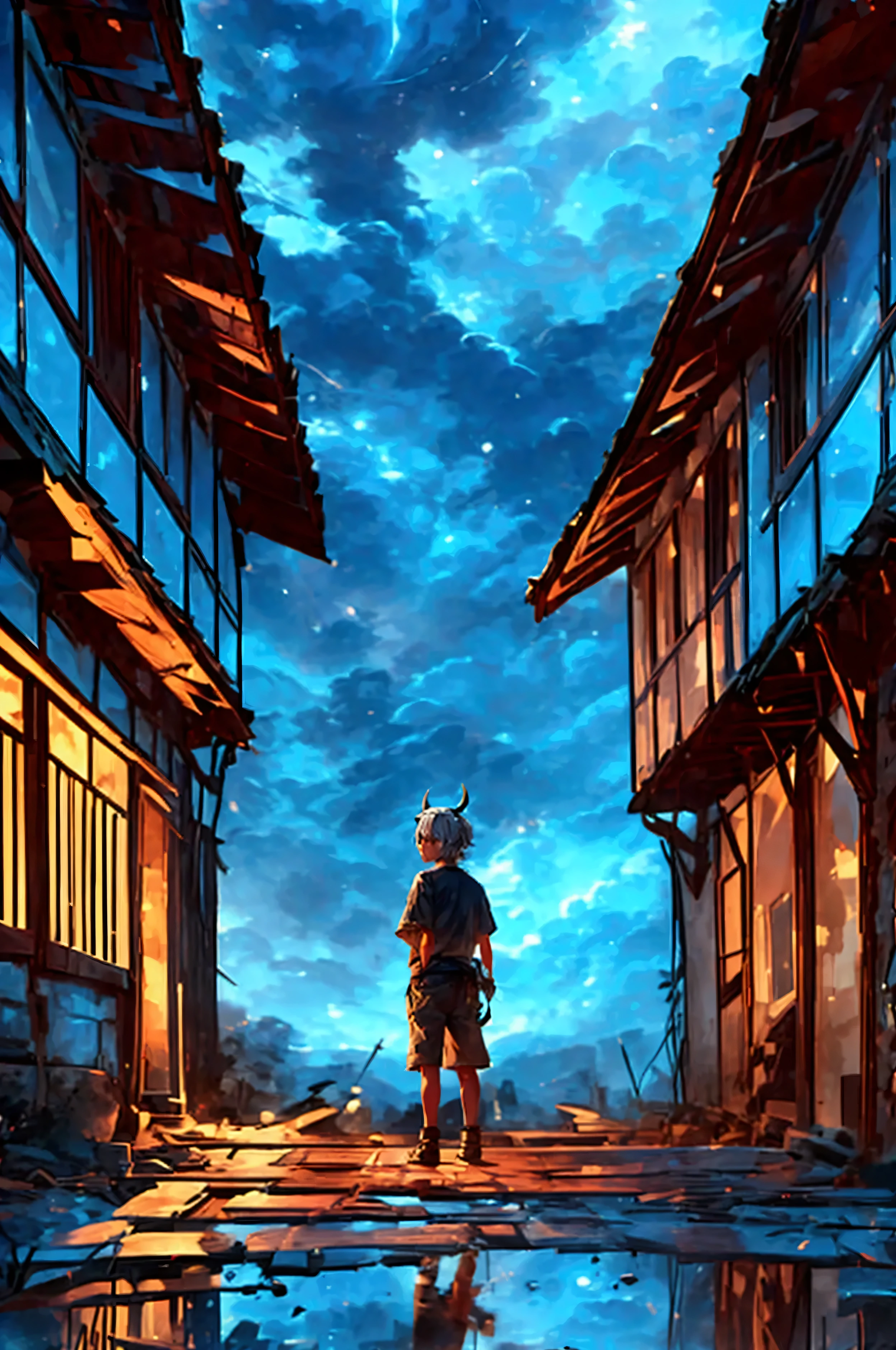 a fifteen year old boy standing near a dilapidated house made of old woodin, gray shaggy hair , gray shimmering eyes , very dark skin , two horns on the head , simple dark shirt and shorts, medival town, seeing a vast dark night sky with fluffy clouds