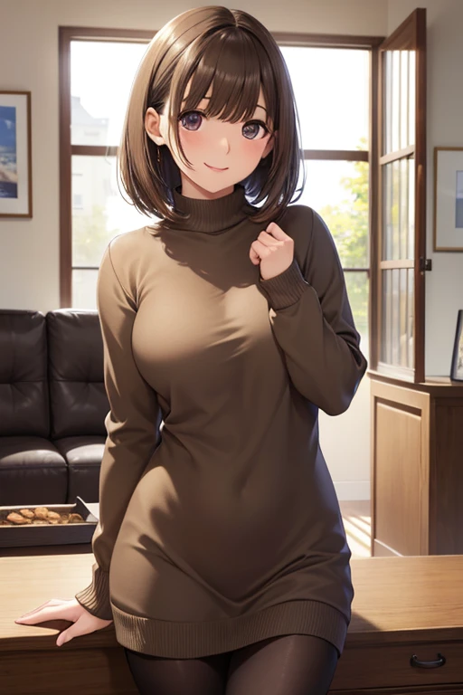  1 Woman Standing , /( oversized sweater /) V-neck,  mature woman, /(Brown Hair/) bangs, 赤面した優しいsmile, ( Superb Masterpiece Top Quality :1.2)   delicate illustration super detailed , Big tits pantyhose ripping /( MODERN HOUSE LIVING ROOM/) indoor、anegasaki nene、 shiny maroon hair,  Shorthair, ( brown pretty eyes )、smile、 sparkling eyes , (Fine grain)、 super detailed eyes、 very detailed face,  very detailed eyes, cowboy shot、