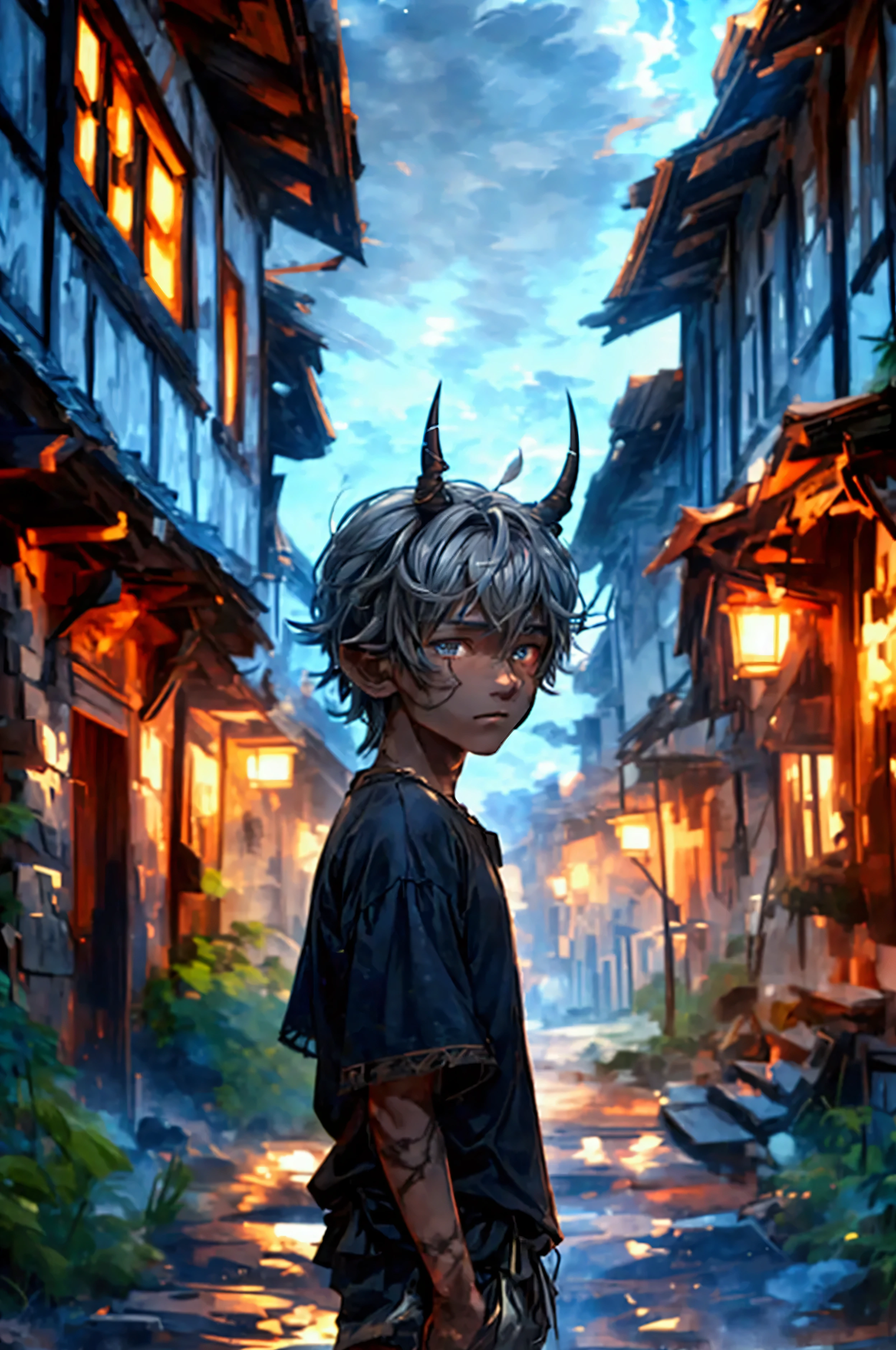 a fifteen year old boy standing near a dilapidated house made of old woodin, gray shaggy hair , gray shimmering eyes , very dark skin , two horns on the head , simple dark shirt and shorts, medival town, seeing a vast dark night sky with fluffy clouds