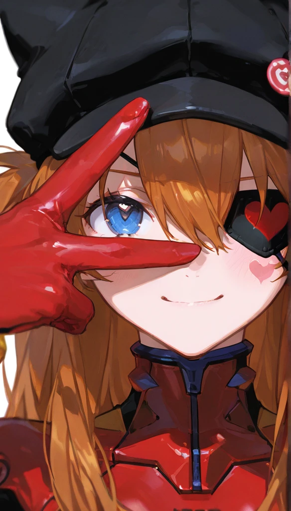 (masterpiece,  top quality ),   1 girl, Heart face mark , v over eye  ,,  Neon Genesis Evangelion 、  Shikinami Asuka Langley、  red plug suit  、  eye patch、(Cat hat、black)、smile、  raise your hand, fingertip 、  upper body、