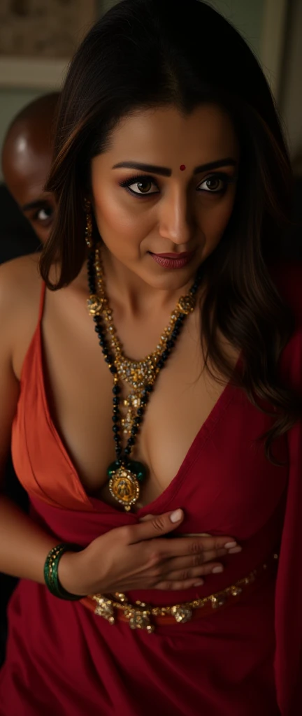 in a dimly light setting A naughty and curvaceous light neutral skin tone woman in traditional attire revealing her breasts with sweat, wearing a deep red messed up elegant saree, bikini blouse piece, bare breast and intricate jewelry glass green bangles and a red small bindi between her eyebrow's lady wearing a thin and long necklace is made of gold and has a long chain with black and gold beads. The beads are arranged in a repeating pattern, with the largest bead at the bottom and the smallest at the top. In the center of the necklace, there is a pendant with a design in the shape of a queen of spade symbol, The pendant is attached to the chain with a gold clasp. The overall style of the jewelry is traditional, her expression is her mouth open in an exaggerated expression of shock, lady is crying tearful eyes with messed up eye mascara. lady laying on her stomach in bed and top of the lady a black african man wearing a thick silver chain is mounting on from right behind her, the black african man has an angry expression looking at the lady, cinematic, cinematic lighting , from side UHD, retina, masterpiece, accurate, anatomically correct, textured skin, super detail, high details, high quality, award winning, best quality, highres, 1080P, HD