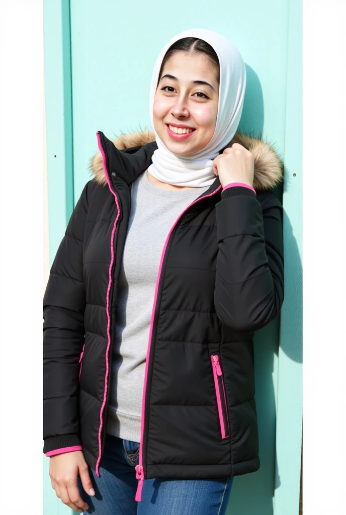 A young woman, likely in her teens or twenties, is wearing a black puffer jacket with a faux fur hood. The jacket has a pink trim along the zipper and the hood.  She is wearing a white hijab or headscarf underneath the hood. 


The woman is smiling and looking directly at the camera.  Her expression is friendly and approachable.  The background is a light, pastel blue wall. 


The woman's clothing appears to be casual and warm, suitable for cold weather.  The jacket appears well-fitted to her and the overall impression is one of a casual, everyday photo.  A gray/grey colored bottoms are also visible.  A light gray or heather gray shirt/top is visible under the jacket and hijab/headscarf.  