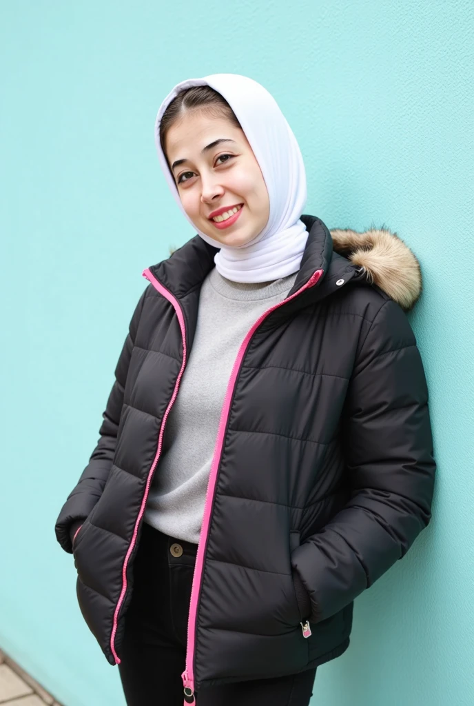 A young woman, likely in her teens or twenties, is wearing a black puffer jacket with a faux fur hood. The jacket has a pink trim along the zipper and the hood.  She is wearing a white hijab or headscarf underneath the hood. 


The woman is smiling and looking directly at the camera.  Her expression is friendly and approachable.  The background is a light, pastel blue wall. 


The woman's clothing appears to be casual and warm, suitable for cold weather.  The jacket appears well-fitted to her and the overall impression is one of a casual, everyday photo.  A gray/grey colored bottoms are also visible.  A light gray or heather gray shirt/top is visible under the jacket and hijab/headscarf.  