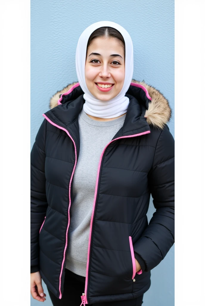 A young woman, likely in her teens or twenties, is wearing a black puffer jacket with a faux fur hood. The jacket has a pink trim along the zipper and the hood.  She is wearing a white hijab or headscarf underneath the hood. 


The woman is smiling and looking directly at the camera.  Her expression is friendly and approachable.  The background is a light, pastel blue wall. 


The woman's clothing appears to be casual and warm, suitable for cold weather.  The jacket appears well-fitted to her and the overall impression is one of a casual, everyday photo.  A gray/grey colored bottoms are also visible.  A light gray or heather gray shirt/top is visible under the jacket and hijab/headscarf.  