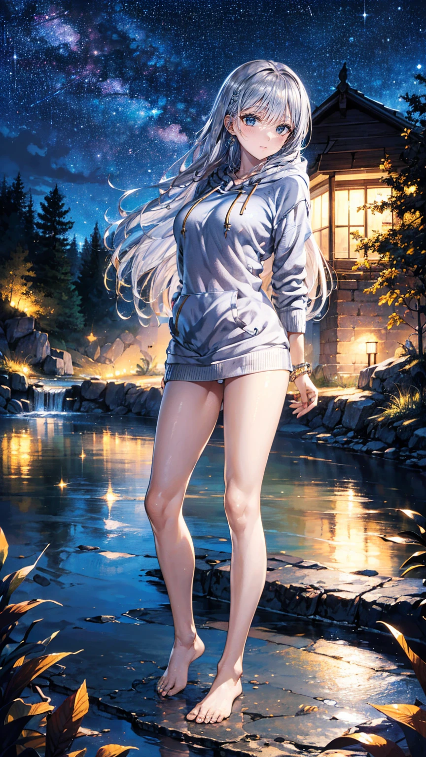 Exquisite, masterpiece, upper body, adult woman, (Laughter: 0.6), blond hair, aquamarine eyes, see-through cardigan, snow white, background with pond