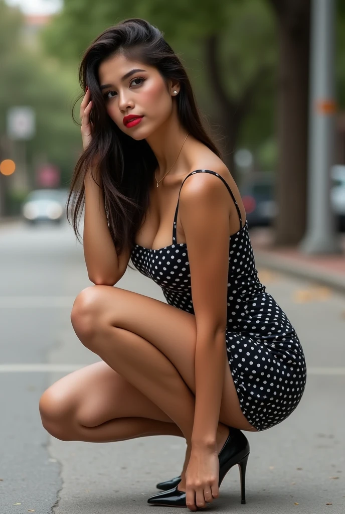 photo of a stunning nude girl with, kiss me goodbye, kiss with hand, photoshoot from distance, black and white, wearing black and white striped dress, nice pair of shoes, natural bust, wavy hair, intense look, smiling, symmetrical eyes, symmetrical face, photorealistic, photography, path tracing, specular lighting, volumetric face light, path traced hair, visible shadows, intricate, elaborate, hyper realistic, sunglasses