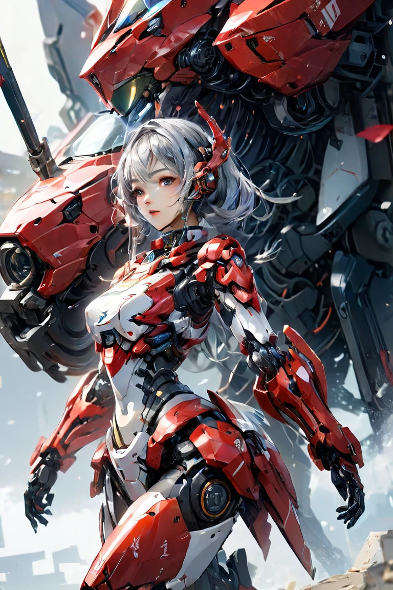 Gundam Girl, girl, big, face and breasts are raw, cleavage is visible. photorealistic, portfolio, gundam-style metal mecha suit, cyberpunk, metallic, detailed mecha parts, bunch of thin tubes, metal cylinder, detailed neon, fine LED,cowboy shot, caustics,reflection,ray tracing,demontheme,nebula,dark aura,cyber effect, (1girl:1.4),solo,alone,mecha musume,mechanical parts, robot joints,single mechanical arm, headgear, mechanical halo,star halo,intricate mechanical bodysuit, mecha corset, kimono, full armor, very long hair,white hair, hair between eyes, multicolored hair, colored inner hair, red eyes,glowing eye,eye trail, random expressions,random action, ancient japanese architecture,pond, starry sky,skyline,