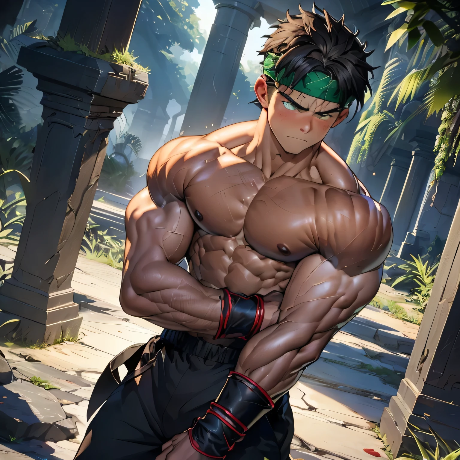 ((masterpiece, best quality, stalwart, (Depth of field:1.2))), (((((in the night, upper body, dynamic angle, ambient light, serious, leaning forward, dumbfounded, glaring, prepare a fist:1.2))))), (worm green eyes, Young boy, muscler, Shirtless, topless, floating hair), ((((1boy, flesh, tough, reliable, developed body)))), (Dark Short straight hair, green eyes, ((almost completely shaved hair)), under cut), (((red headband, gauntlet, black trouser, garter belt, boots, monk style))), Vivid colors, ((big breast, big abs, big shoulder, muscular body, sturdy body, defined round and fleshy pecs, defined round and fleshy ABS, defined round and fleshy armsmuscular, well-defined muscles, shouldermuscler)), muscler!, muscler body, detailed face, detailed muscle, (((rippling muscles, Flowing energy, wearing wind to emphasize the power of his aura. Highlight his aura, blue and green aura effect, wearing energy stream, random pose, relax:1.2, Standing at the entrance of the abyss where impenetrable darkness extends, I find an unknown pillar engraved with intricate runes.)))