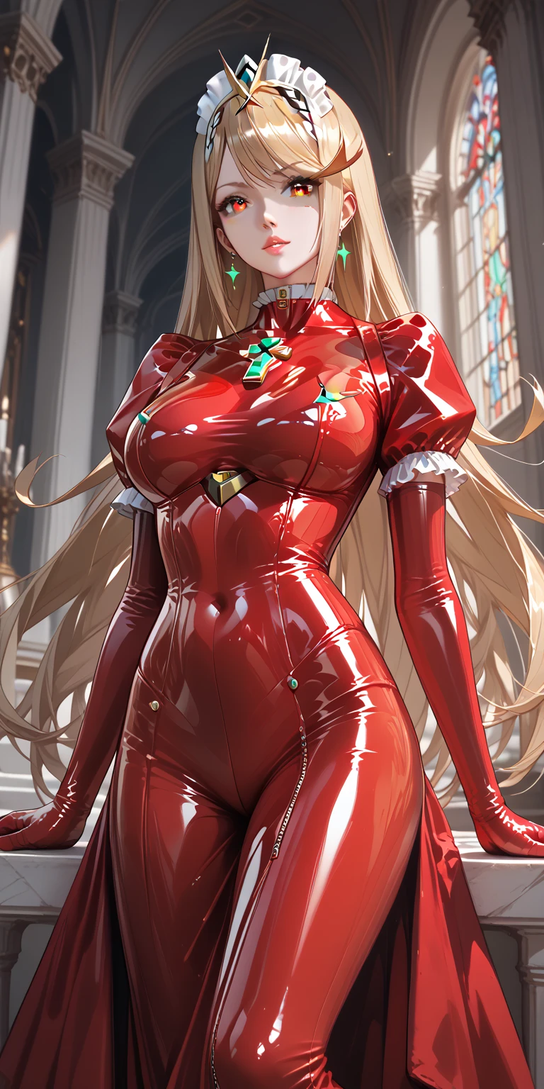 Portraiture、(masterpiece,Highest quality,Ultra-high resolution),mythra \(xenoblade\), 1girl, yellow eyes, swept bangs, long hair, very long hair, blonde hair, (((Very beautiful girl))),(Pale red latex maid outfit)、((Pale red latex long skirt))、(A long-sleeved latex shirt that covers the upper body)、Pale red latex gloves、Pale red latex socks、Pale red latex bodysuit、Frills、Latex is very shiny、Dark Room