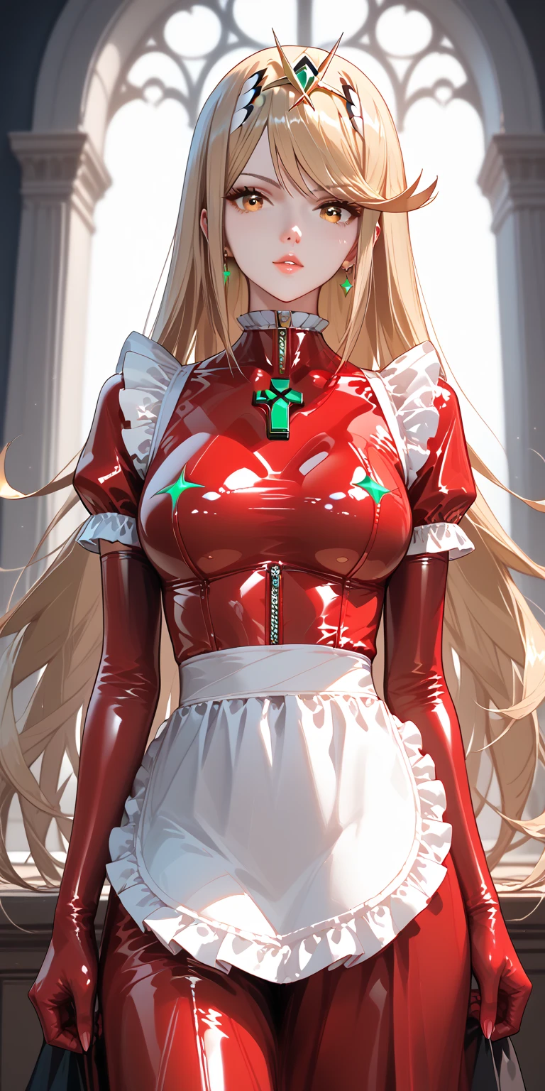 Portraiture、(masterpiece,Highest quality,Ultra-high resolution),mythra \(xenoblade\), 1girl, yellow eyes, swept bangs, long hair, very long hair, blonde hair, (((Very beautiful girl))),(Pale red latex maid outfit)、((Pale red latex long skirt))、(A long-sleeved latex shirt that covers the upper body)、Pale red latex gloves、Pale red latex socks、Pale red latex bodysuit、Frills、Latex is very shiny、Dark Room