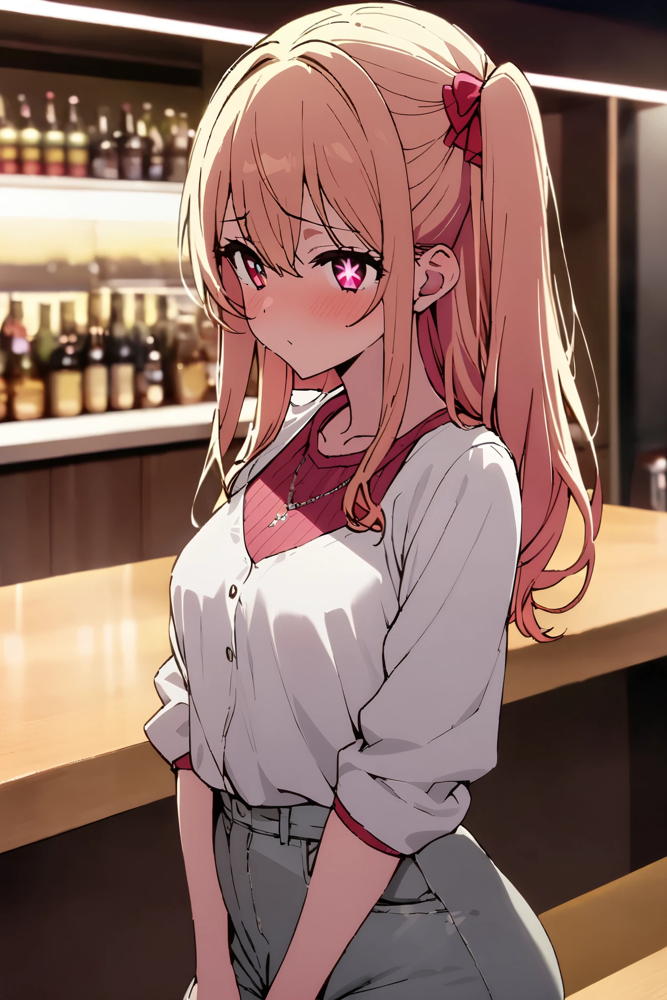 NSFW,masterpiece, top quality , high res, very detailed,Hoshino Ruby\(My Favorite \),Star-shaped pupils, long hair, side ponytail ,Blonde, casual clothes