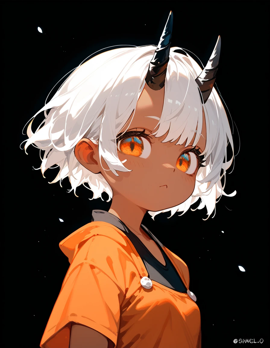 alone,girl,Black one-horned,He alone ,White hair, Tanned skin, In the orange eyes, dark edges, small breasts,Short hair,cute, Orange Kimono,bright,Loli,Emotionless, black background,beautiful,