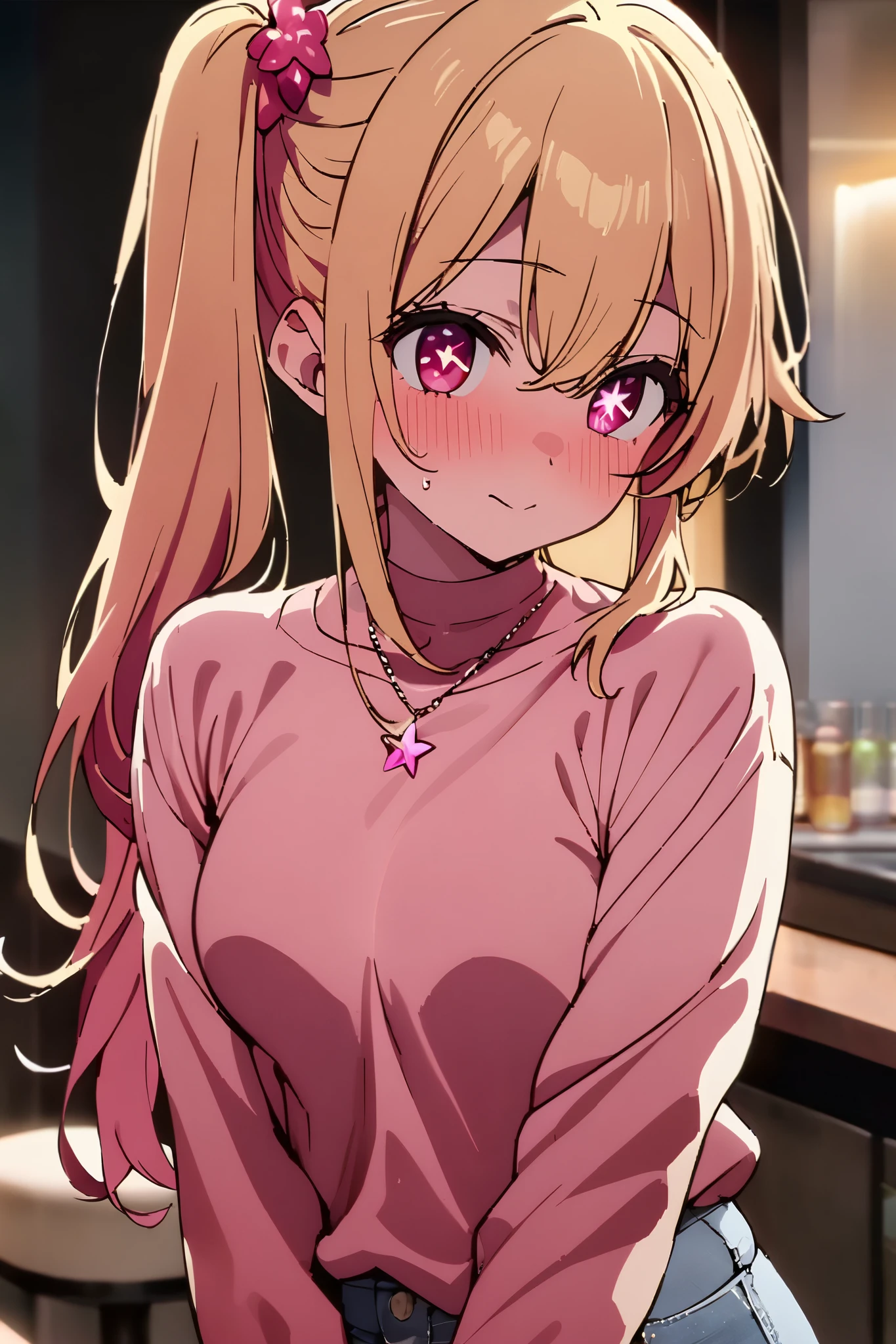 NSFW,masterpiece, top quality , high res, very detailed,Hoshino Ruby\(My Favorite \),Star-shaped pupils, long hair, side ponytail ,Blonde, casual clothes