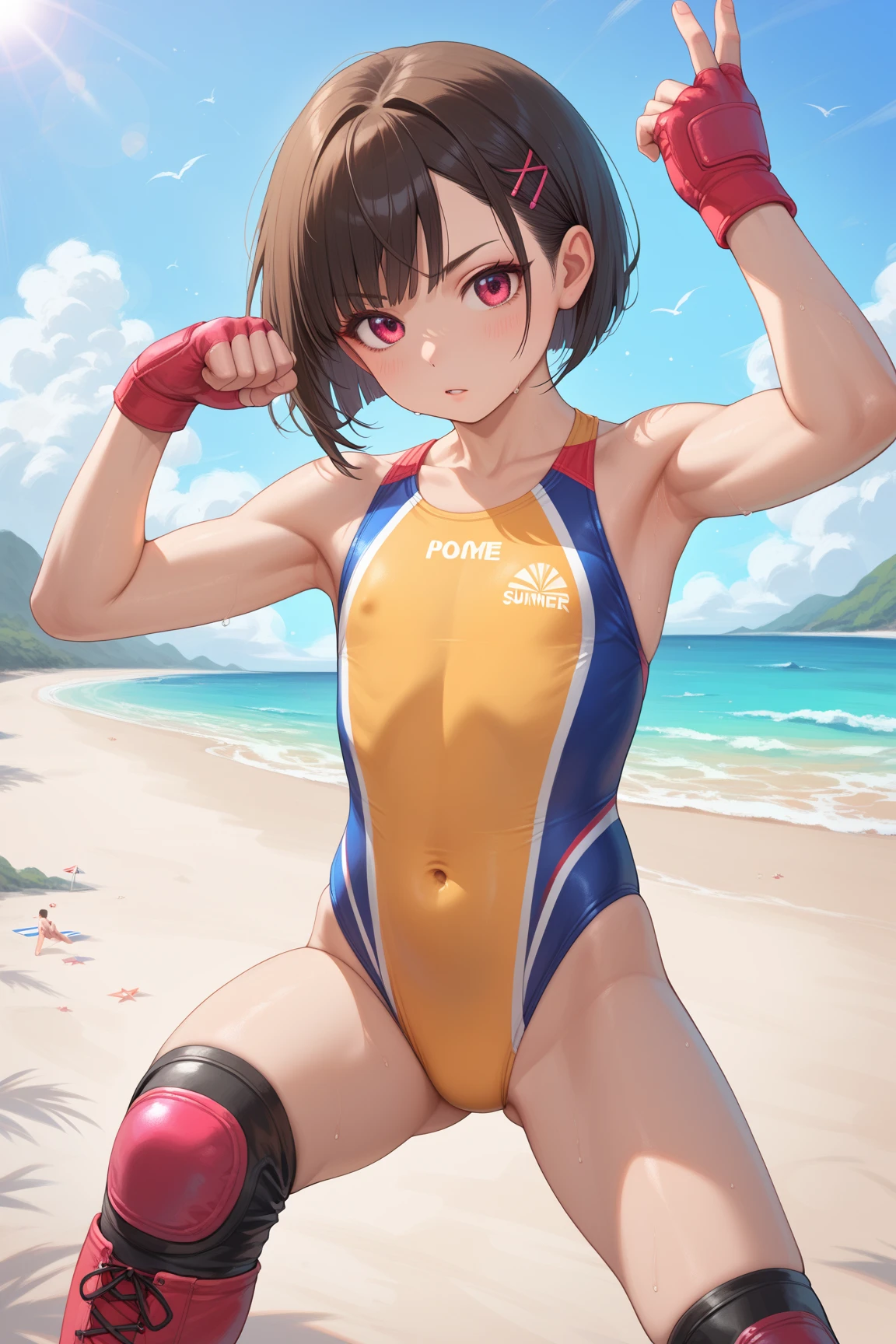 (High quality Photograph:1.1), intricate details, absurd resolution, cowboy shot, (a  male pro wrestler:1.1) is fighting stance at a (beach in summer:1.3). slim body, flat chest, airy short cut hair, intense expression, slim body, wearing a vibrant one-piece competitive swimsuit and knee-pads. wrestling boots. bulge in his crotch, good proportion.