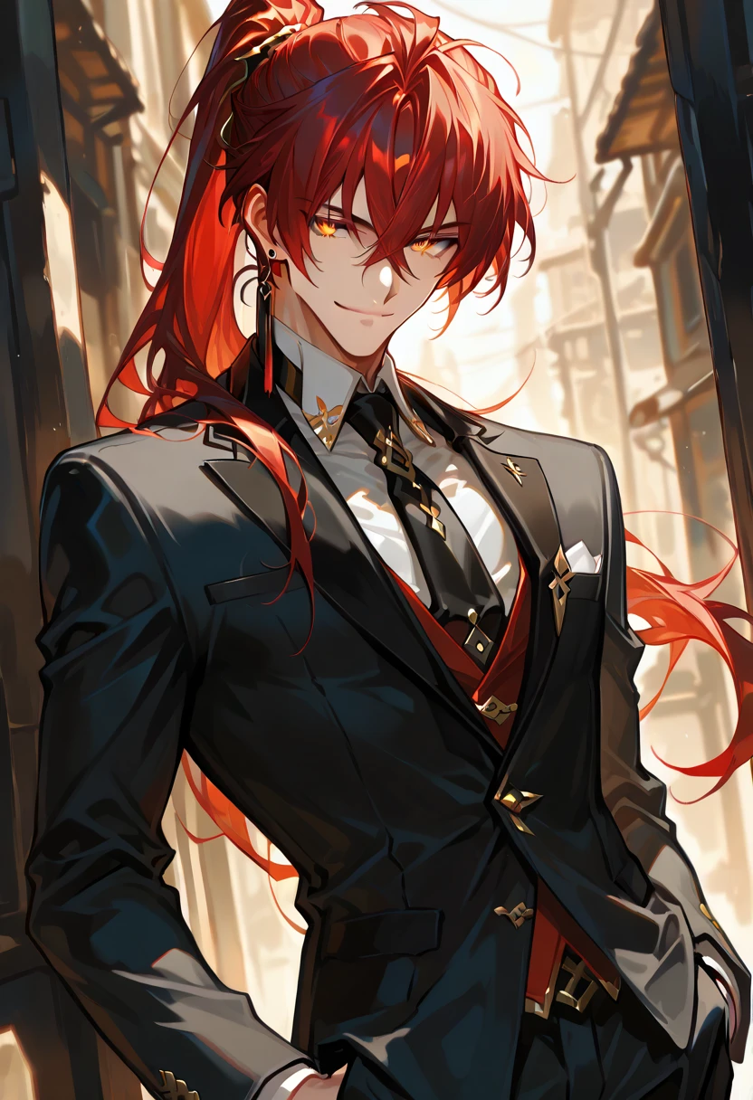 (score_9, score_8_up), score_7_up, masterpiece, high resolution, top quality, fine, unique, 1 man, handsome mature male, beautiful, long red hair, man's ponytail, yellow eyes, suit pants, confident smile, Black tie, black earrings,EnD_CGI Style