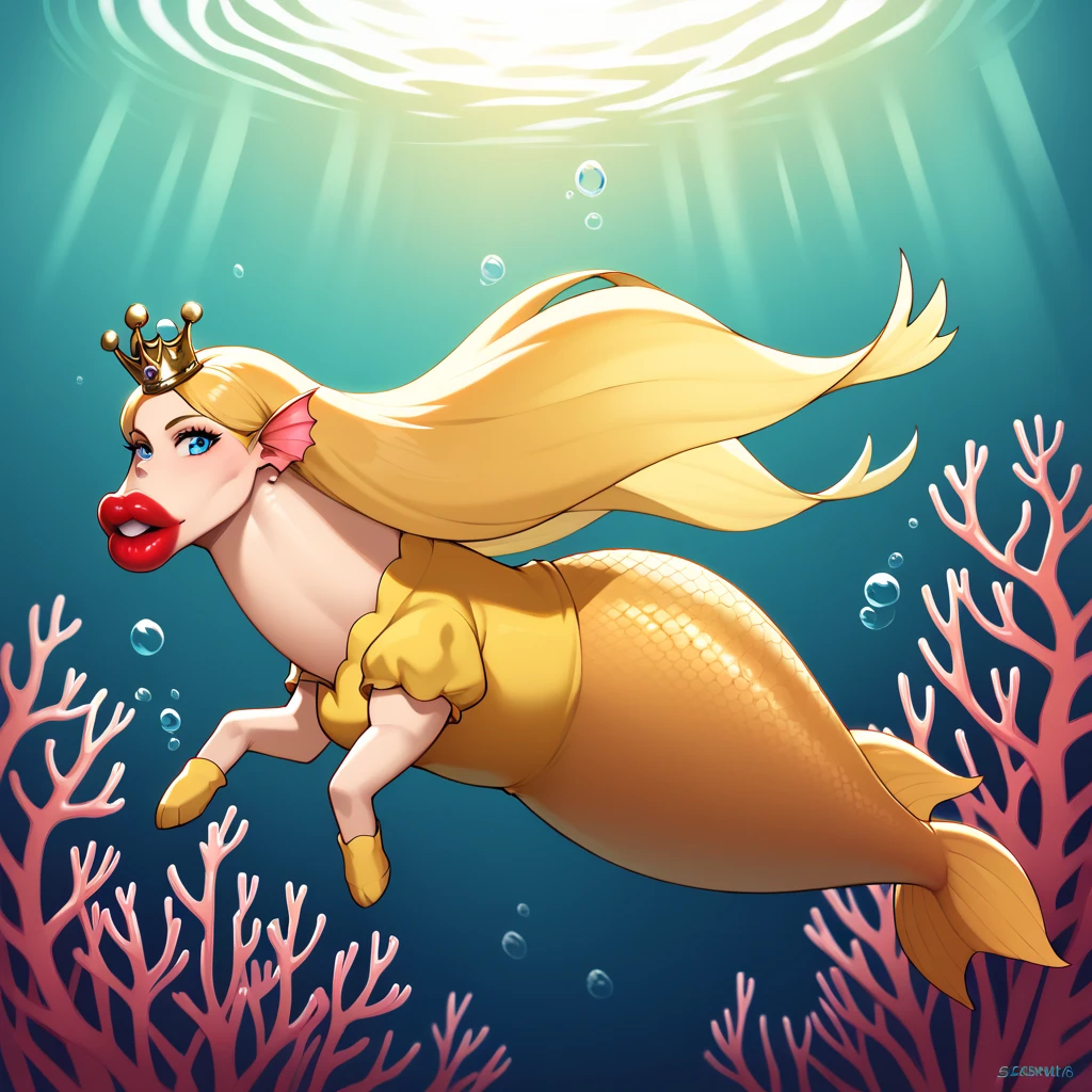 score_9_up, score_8, score_7, best quality, masterpiece, uncensored, big lips, /stalliona, twin dorse, futanari, facing viewer, blue eyes, red lips, solo, wear yellow mermaid dress, pearl crown, from side, full body, looking at viewer, underwater, fish, bubble airs, coral, 