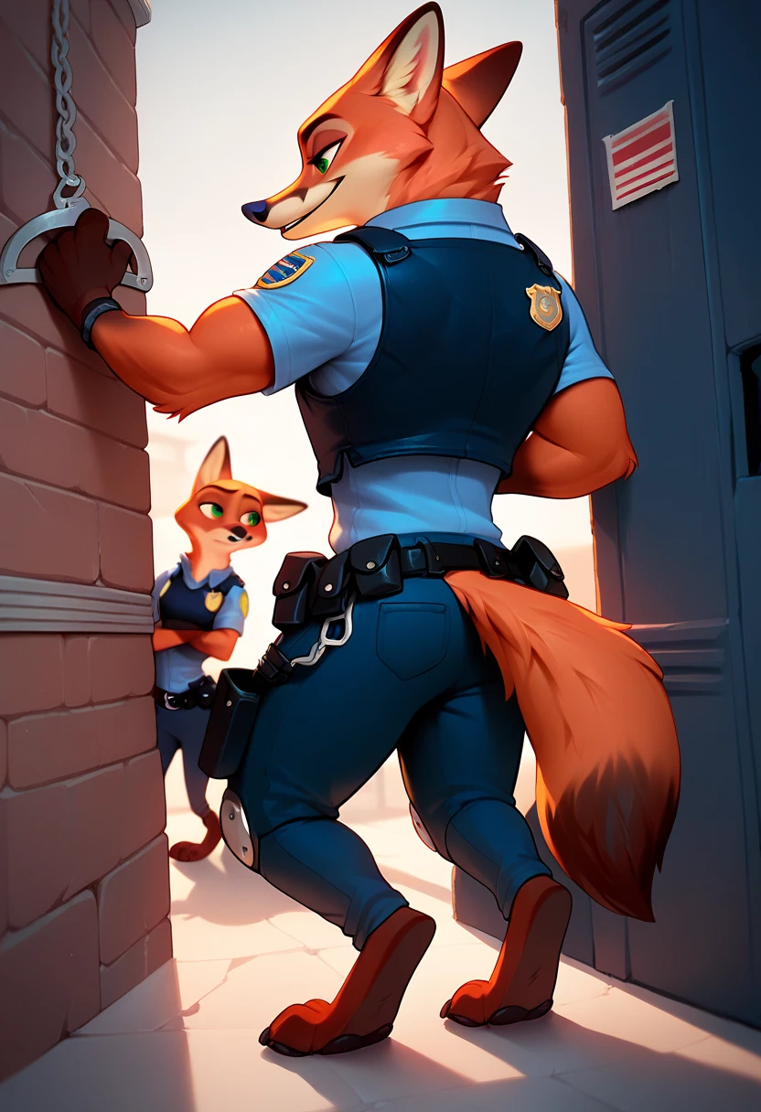 Anthro nick fox kneeing standing with wall,(nick wild from zootopia), collar, police topwear,foot pawpads,seductive,anus,balls, male gay pose,larger tail, solo,(art by seibear, seibear style), explicit art,beautiful eyes