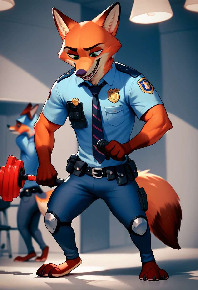 ((best quality)), ((masterpiece)), (detailed),  digital artwork of a  nick Wilde with rock hard abs and a bare midriff wearing a crop top of his long sleeve police uniform with police pants, fox, tail, furry style, anthro style, and is laughing 