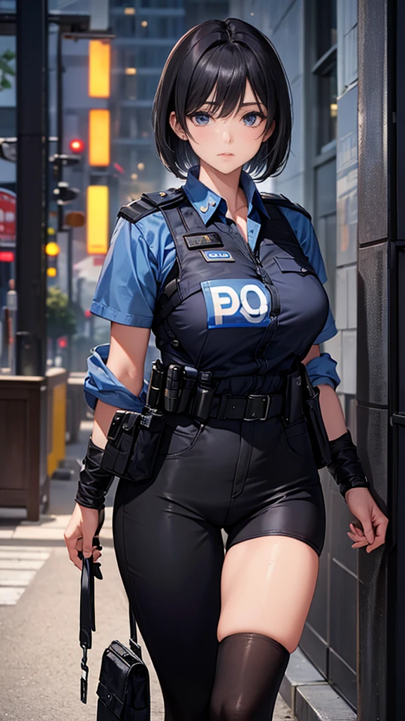 A sexy police officer with big breasts blue clothes tactical vest sunglasses black beret holding a firearm
