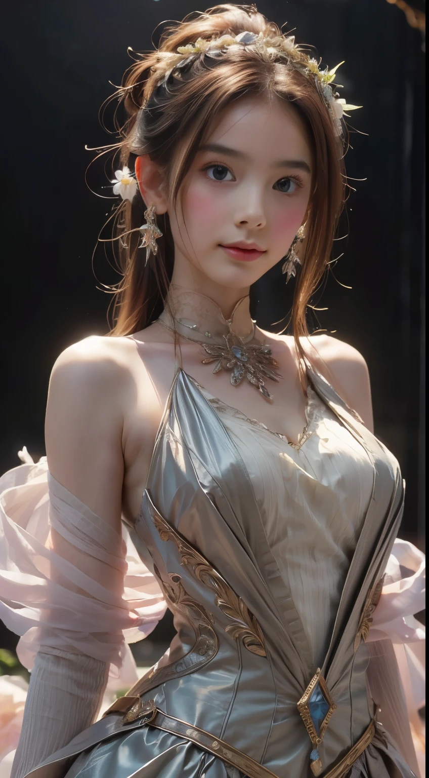 (Best quality,A high resolution,Masterpiece:1.2),Ultra-detailed,Realistic:1.37,Traditional portrait style,Detailed face and eyes,Beautiful lips,fine brushwork,soft, Flowing hair,Delicate flowers in the background,Subtle color palette,Soft lighting,A seamless blend of realism and fantasy,Ethereal atmosphere,Traditional beauty,tempting pose,Vintage clothing,Vivid but not overwhelming colors,subtle texture,Meticulous attention to detail,Graceful posture,Expressive eyes,Feminine characteristics,ingenious composition,Artistic talent,An evocative gaze,Fantastical Atmosphere,A sensual and elegant performance,The perfect balance of elegance and sensuality,Delicate facial features and expressions.