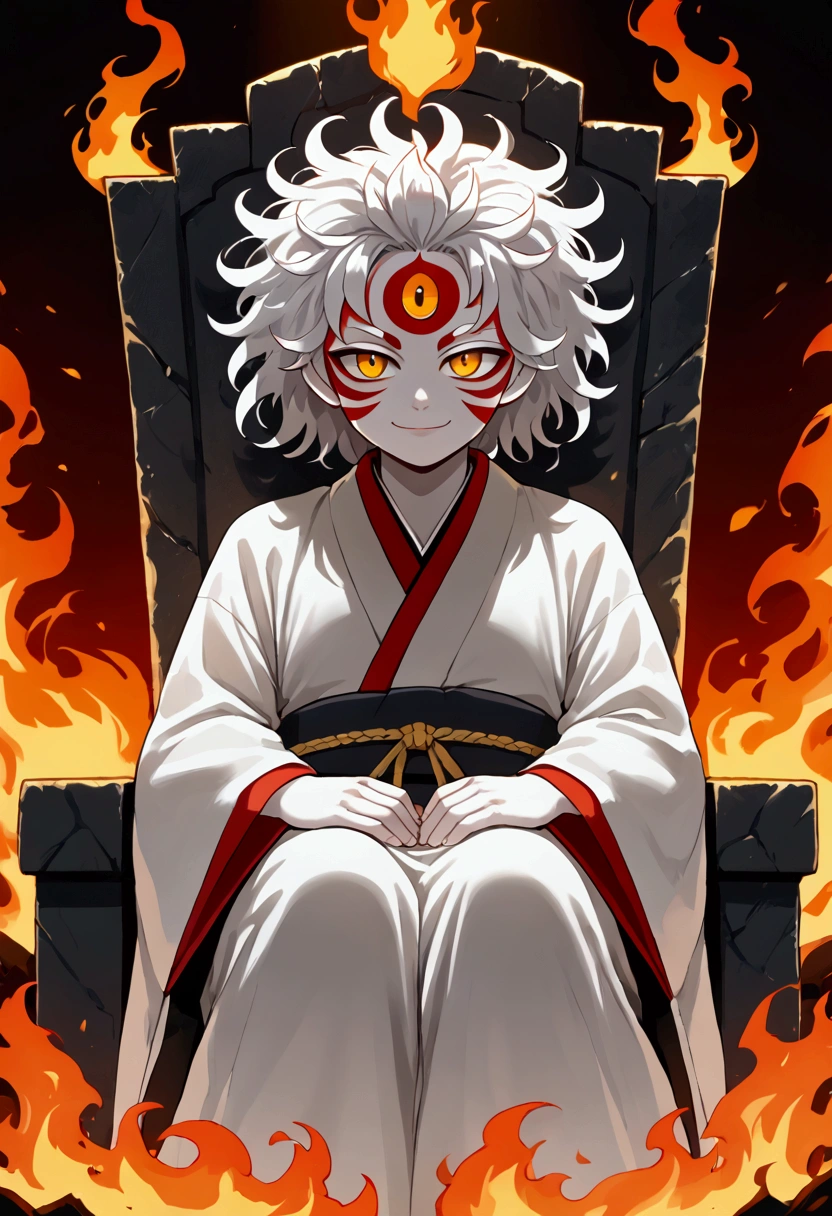 man, fiery hair, natural white skin, red face paint, anime style, fire, amber yellow eyes, white hair, third eye on forehead, smile, messy hair, japanese clothes, sitting on a throne, hands covered in fire, cat eyes, ground, white skin