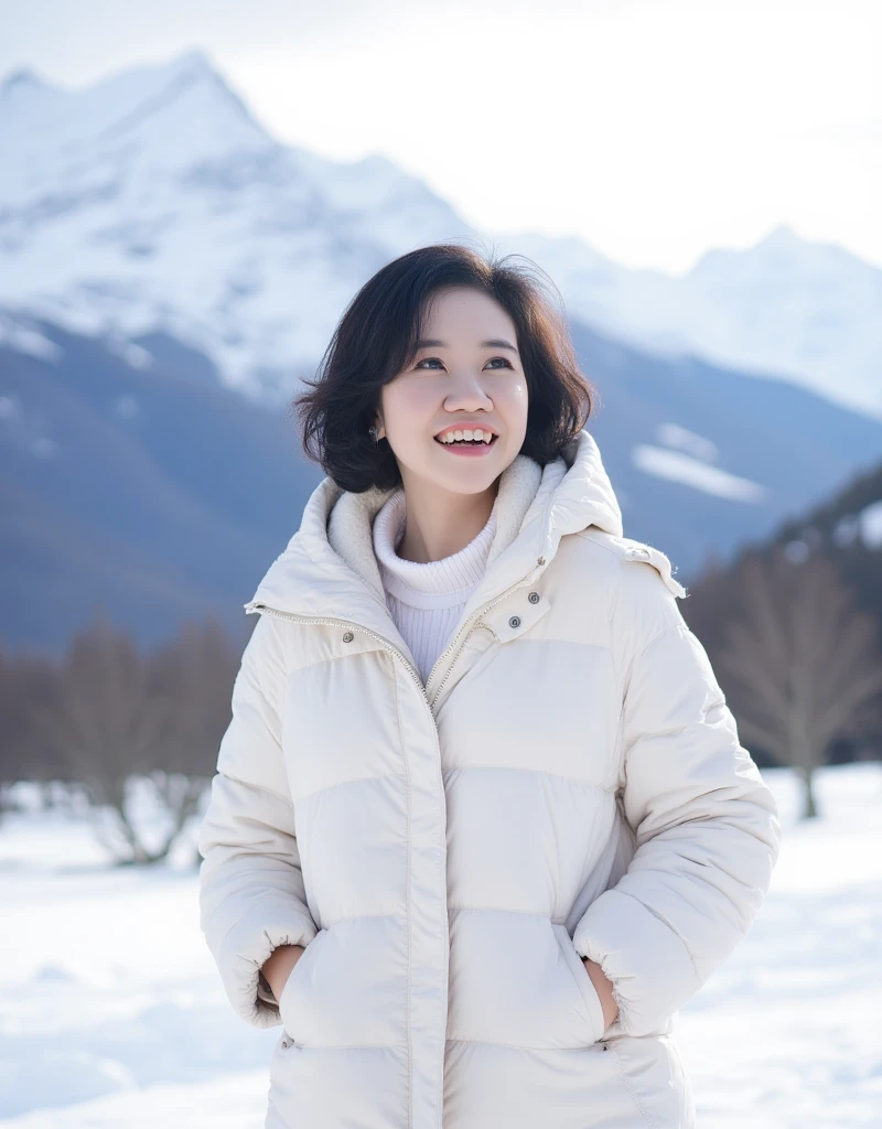 A photography of a happy Korea women joyfully, A woman white dressed in a cozy winter coat stands amidst the breathtaking Himalayan backdrop, where snow-capped peaks tower under a crisp, icy sky. The air is frigid, her breath visible as she gazes at the serene, frosty landscape. The scene exudes tranquility and nature's raw beauty. highly detailed, detail libs, detail eyes, detail nose, perfect shape, detail face, short hair,