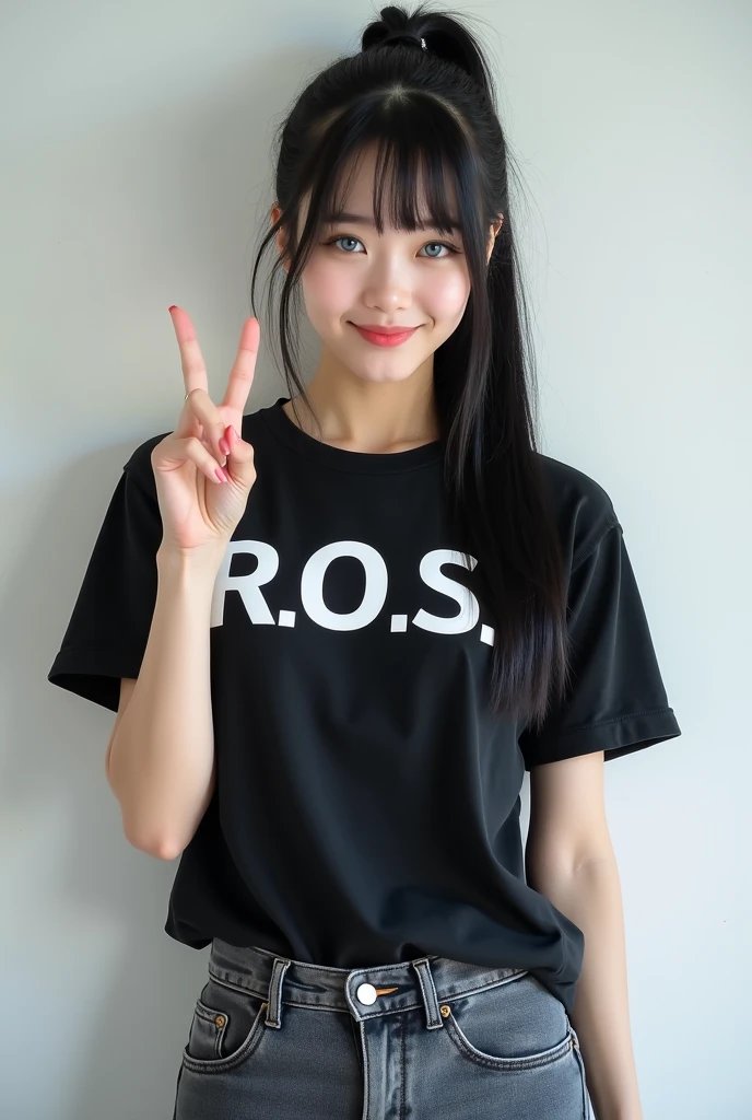 realism, Extreme low angle ,angle from below, composition of a woman, big smile ,brown eyes , lip gloss , silver hair ,from below, clear sky above, clouds drifting, pleasant sky, (((arms behind head,))) oversized t-shirt