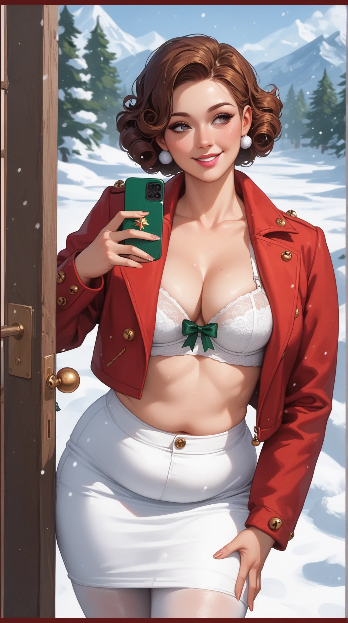  A beautiful young Korean woman .
hair color red, far away, curly,  with green ribbons of adornment .
 round eyes, fluorescent blue ,  expressive. 
 Plump and voluminous pink lips . 
 Medium and pointed breasts . 
 Red jacket with cotton border ,  open showing body parts .
WHITE LOW-CUT BRA.
White skirt, Short,  neckline with Christmas ornaments , sexy,  provocative , fluttering. 
 Semi-transparent white knee-length pants.
black boot, bright, cano far away de salto alto.
 Long legs,  Fine and delicate .
 snow-white skin.
She's taking a selfie and smiling .
 full body.
 Simple white background .