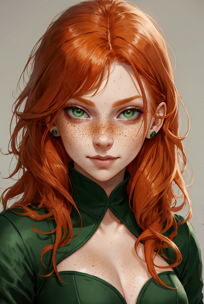 portrait, ginger medium hair, smug, mischievous  rogue girl, dark green eyes, freckles 