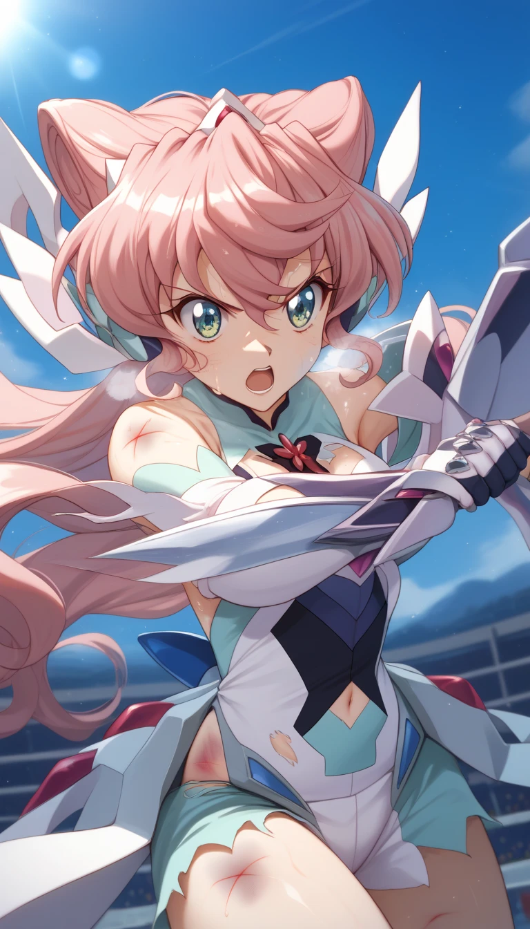  top quality ,  soft light during the cruise,  super high res,  cute, Beautiful face in every detail , high resolution details of human skin texture, shiny skin,sweat,Heat, white breath ,Take a deep breath, Maria Kadenzavna Eve, pink hair,, battle costume,Outdoor Arena,sunlight, serious eyes,Ready,Big eyes, Symphogear ,armed gear , open mouth ,Fighting pose,bruised body, hair ornament, torn clothes , long hair, has a weapon ,whole body,night