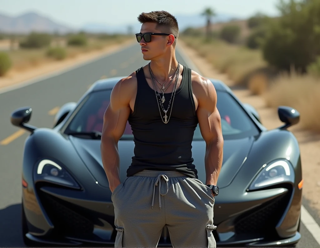 Create a picture of boy 2 sitting on bonnet of black buggati car with fair skin with handsome body