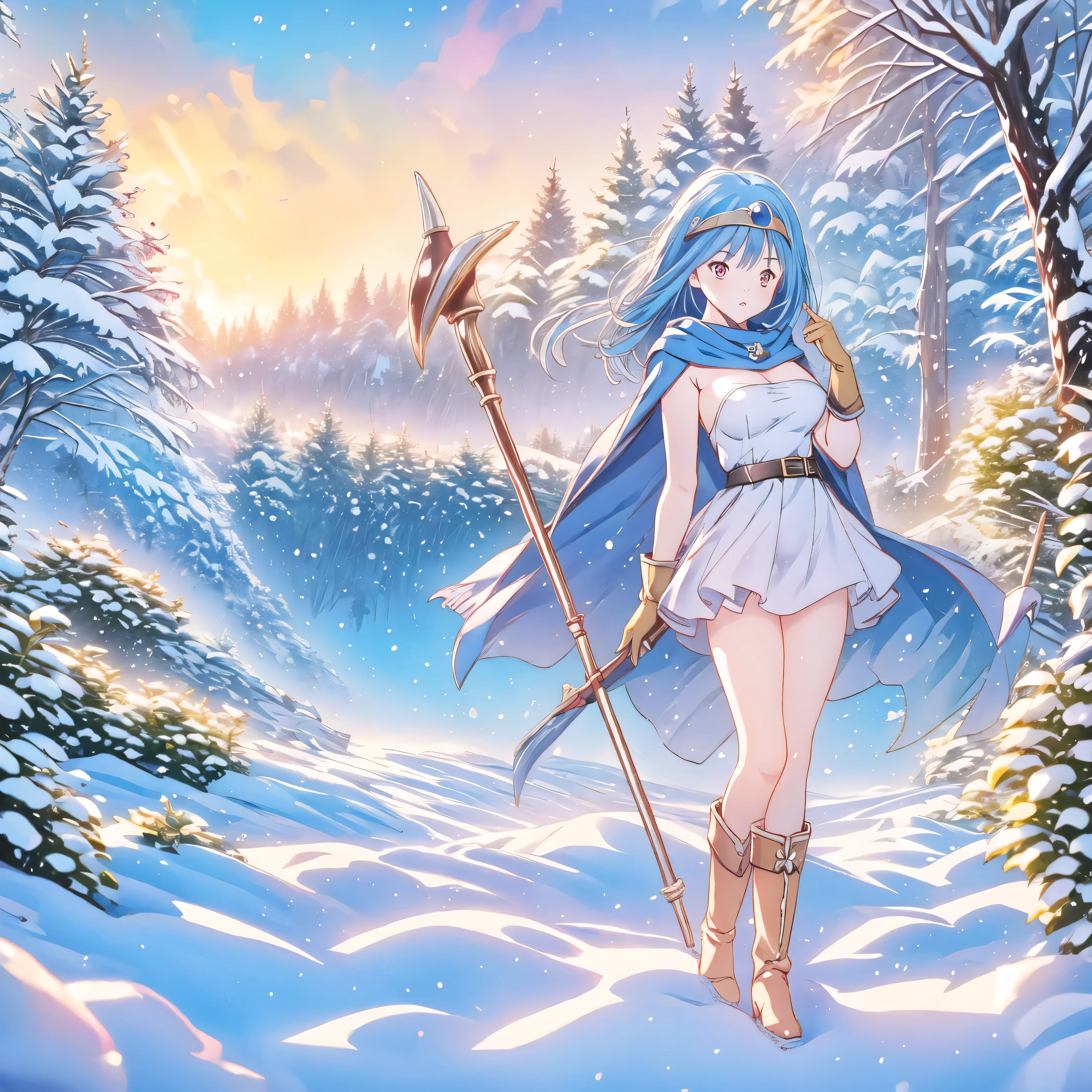  top quality , ,_(dq3),  girl, (holding staff, staff:1.3), Alone,  long hair,  blue hair,  circlet, red eyes, Normal Breasts, YELLOW GLOVES , white dress,  belt bag , Cape,  long boots,  clevis on a stone,  shoulder out, underwear,  standing, whole body, Floating City,  background:城 white、 sexy、 Big Breasts 、 juicy thighs、 cute face、、Create a great wise man 、 magic 、Create、star々、universe、