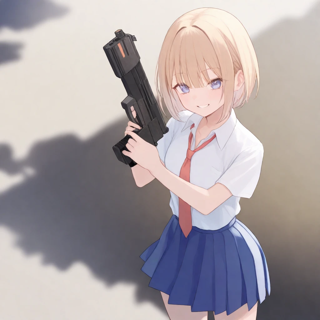 An evil bob short haired school girl with bangs wearing blue skirt, standing and posing with a gun.