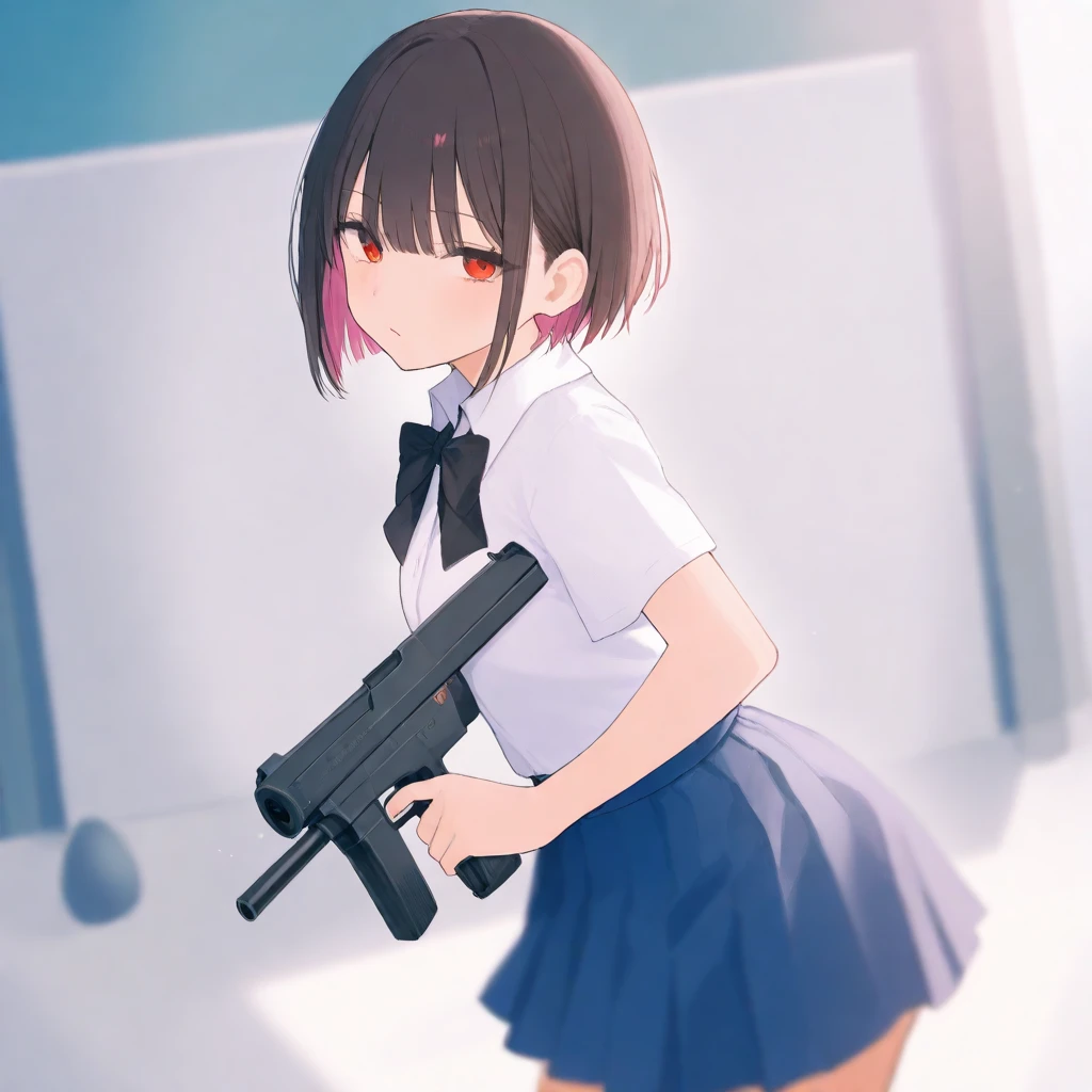 An evil bob short haired school girl with bangs wearing blue skirt, standing and posing with a gun.