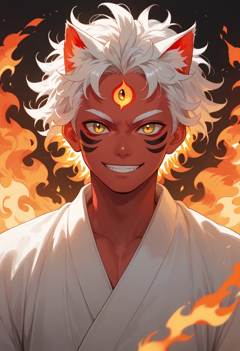 man, fiery hair, natural white skin, red face paint, anime style, fire, amber yellow eyes, white hair, third eye on forehead, smile, messy hair, japanese clothing, cat eyes, solo, adult