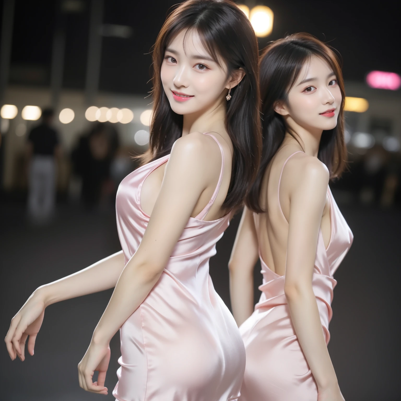 8K, Masterpiece, RAW photo, Best quality, Photorealistic, Extremely detailed Cg Unity 8K wallpaper, Depth of field, Cinematic light, Lens flare, Ray tracing, (Extremely beautiful face, Beautiful lips, Beautiful eyes), intricate detail face, ((ultra detailed skin)) 1girll, In the dark, deepshadow, Pretty Korean girl, Kpop idol, 1 girl, (Very slim and slender muscular body:1.3), ((view the viewer)),(Big smile:1.3), (Fashion night, Dark night, (neon lights sign), (Blurred background), Fashion Street Night),(No one is in the background:1.3), Beautiful earrings, bangle, necklace, Pantyhose, Clear eyes, Walking, (Pale skin), (Big eyes), Face forward, (brown hairs), (Full body shot), ((Silk hot pink dress:1.3)), ((tightly dress)), ((laced dress)), (view the viewer:1.3) open breast, Very slim, Medium breasts, Turn Back, (Back shot), Ass focus, Before the eyebrows,(Tight dress), Thick thighs