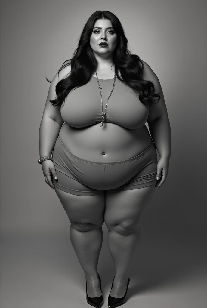 Black and white pencil sketch of a fat woman in a bikini, standing with her back turned, curvy body, curved hips, anatomy, white background.