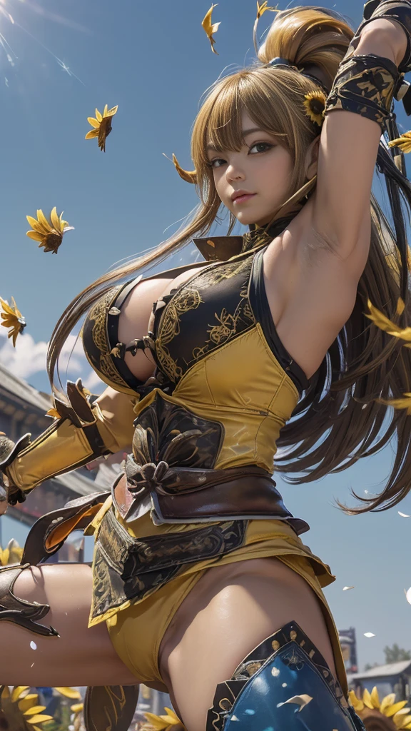  A young Japanese woman , warrior, ((Combat Stance:1.6)), ((wielding a huge_weapon axe:1.3)),  very detailedな, realisti,((happy smile)),((from front, full body, look at viewer)) Brilliant Appearance , Creative Action,  extremely detailed, Imaginative,voluptuous,  sensual, spontaneous ,  top quality ,  skin texture, ((hime cut :1.6)),((Honey blonde hair:1.6)), (citrine eyes), (mole under eye), toned body, huge breasts,(big breasts:1.6), Big Breasts,  plump thighs,  yellow armor with a sunflower flower pattern engraved , leather samurai armor knight, bikini type design that emphasizes chest exposure,((sideboob)), Wear a yellow cloak with a sunflower pattern , ruffled skirt,  yellow shin guard with a sunflower flower pattern engraved , White high-leg underwear , White tights,  absolute domain,  Intricate Details , (( blue sky:1.6)),Dazzling Light,((sunflower petals background:1.4)), ((sunflower petals:1.4)), ((sunflower petals dancing in the wind:1.4)),( sunflowers in full bloom ),(前面に sunflowers in full bloom ), (confetti),  RAW photos ,cinematic lighting, spotlight, soft shadows, 8k, masterpiece,  top quality , ultra detail on a Japanese futon, very detailed,  Intricate Details , high res,超 Intricate Details, very detailed 8k cg wallpaper,