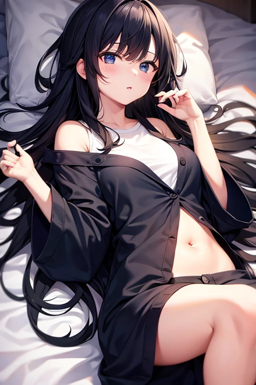 from front,upper body,look at viewer,claw pose,leaning forward,lie on bed,surprised,slender,fair skin,straight hair,long hair,forehead,black hair,Pouting mouth,big breasts,under boob,,,bare arms,hand between legs,lidoor,starry sky,focus on breasts,