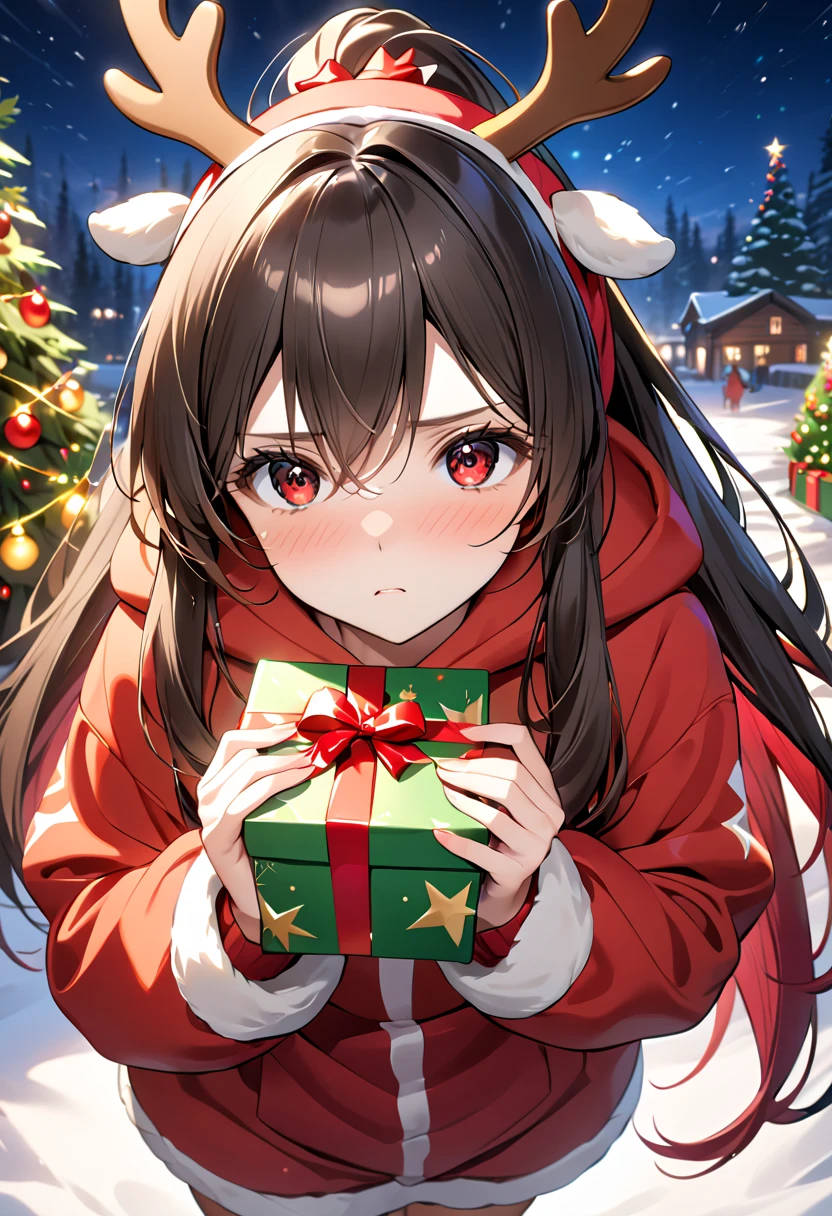 masterpiece:1.2, high quality, best quality, outdoor holiday lights display, christmas tree, reindeer antlers headband, reindeer kigurumi, Glaring, Red eyes, Long hair, black hair, red colored inner hair:1.2, ponytail, hairs between eyes, straight hair, 1 girl, embarrassed, standing, hold a christmas present, shoot from above, cowboy shot,