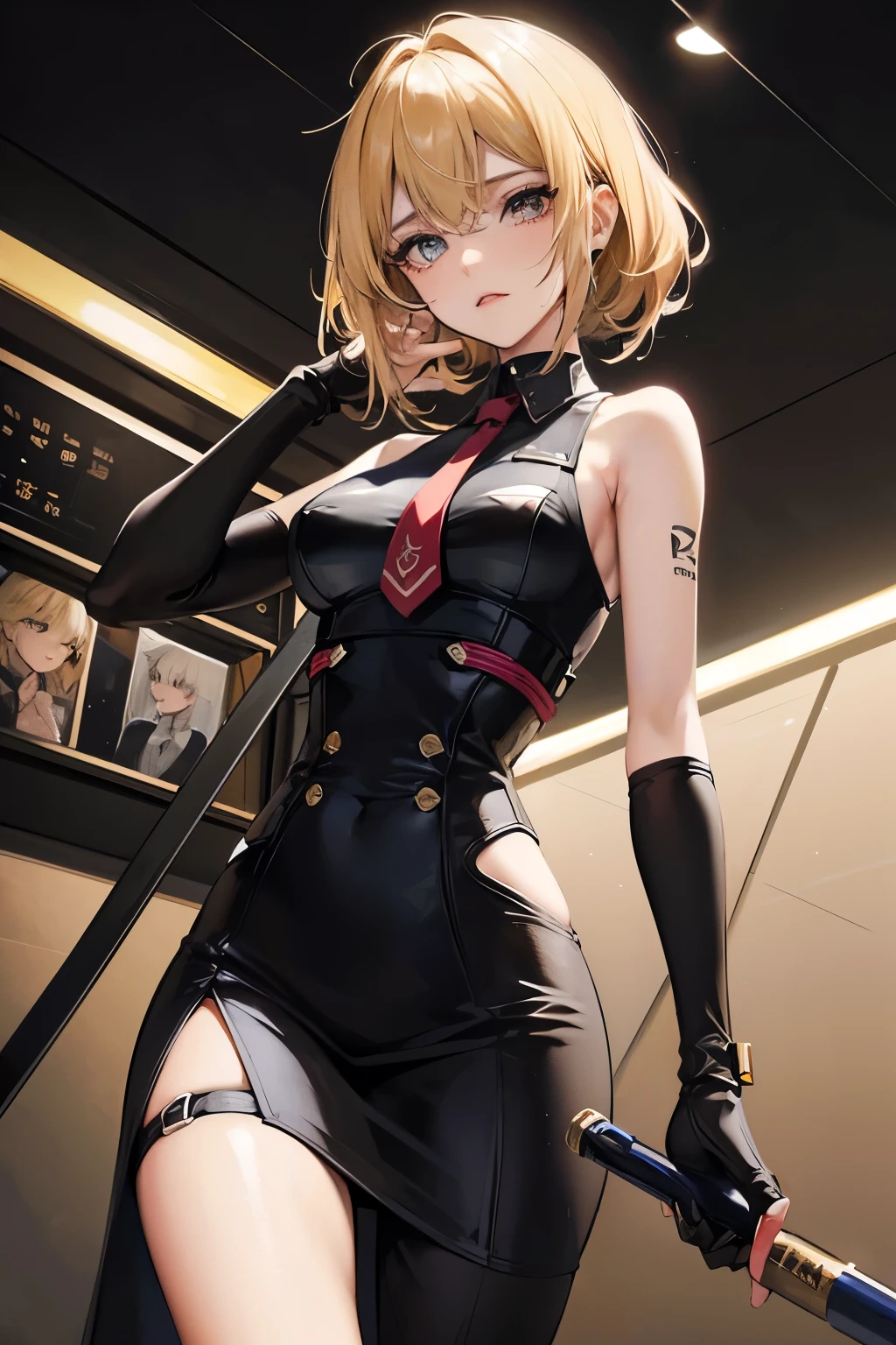 ultra-detailed, Explicit, Beautiful body, Beautiful Nose, Beautiful character design, perfect eyes, perfect face, ultra highres, 4K, beautiful legs, perfect legs, Nice hands, Perfect hand, Masterpiece, Best Quality, Highly detailed, illustration, absurdres, girls, multiple girls, expressionless, blank eyes, looking at viewer, emotionless, black latex, corrution, mind control, female combatant, full body, hypnotized, unhappy trance, full body suit, ribbed bodysuit, both arms at side, stand up straight, obey, perfect female body, extremely glossy latex, hypnosis, hypnoLora, empty eyes, Mind control device, poses, brainwashed, submissive_pose, Slave, hat, necktie, stand up straight, standing, standing at attention, nazi saluting, military, military saluting, salute, right hand saluting, left hand at side, latex, wide hip, thicc, a curvy body, garter belt, black thighhighs, frilled sleeves, stakes of purgatory, leotard, frilled sleeves, red jacket, back bow, black bow, blue reflection, shirai hinako, heterochromia, blue eyes, white elbow gloves, wings, cleavage, blonde hair