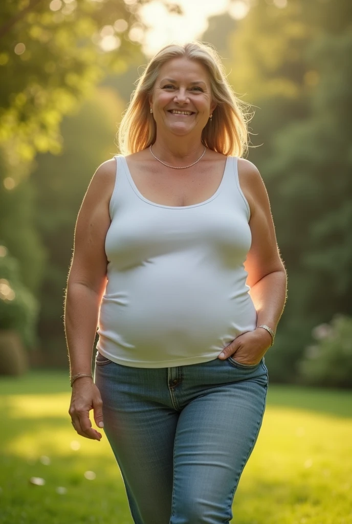Fat woman, 40 years old white Caucasian woman walking outside, summer, day time, Mississippi, Gulfport, long straight blonde hair, casually and daily dressed, big hips, thick thighs, casual clothed, natural huge breasts, Full Body Shot, From Above View, High Angle View, side way selfie, no makeup, messy hair, morning face, chubby, see through t-shirt, no bra underneath, sad, sweaty , sweaty chest, wet breasts, big brown nipples