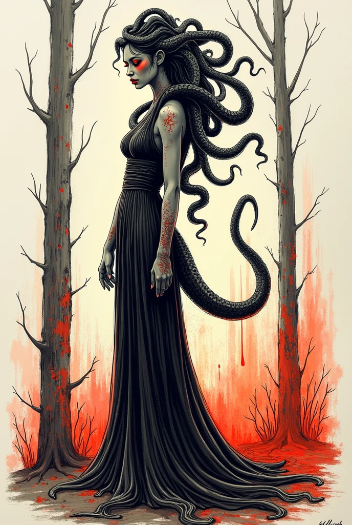An expressive over the shoulder unfinished cartoon sketch featuring a hairless figure Medusa in a maxi dress. MEDUSA has snakes on their head with accurate snake bodies, snake scales, and a snake tail rattle. The drawing includes ornate corpsepaint blackmetal facepaint, resembling Grace Jones. The style blends the art aesthetics of Sean Gordon Murphy and Joelle Jones with a rough sketch charcoal art style. The sketch shows rough-draft pencil lines underneath with bold lines over a rough-sketch inking, using an ink and charcoal blend. The scene is set in the pine barrens with sparse trees, emphasizing a candid, sorrowful expression. The sketch uses angular and expressive lines in an incomplete, unfinished style, evoking a sense of decay. Colors include red, yellow, and blue (RYB coloring), (sfw), clothed. --no polished --no clean --no detailed --no smooth --no refined