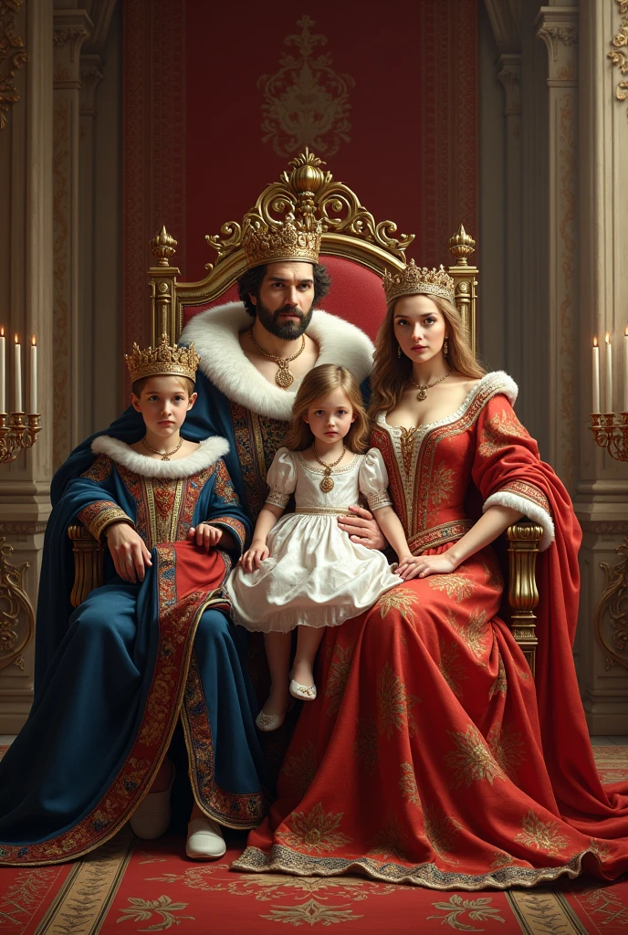 The king and his queen sit on the throne and in front of them are their children, two prince