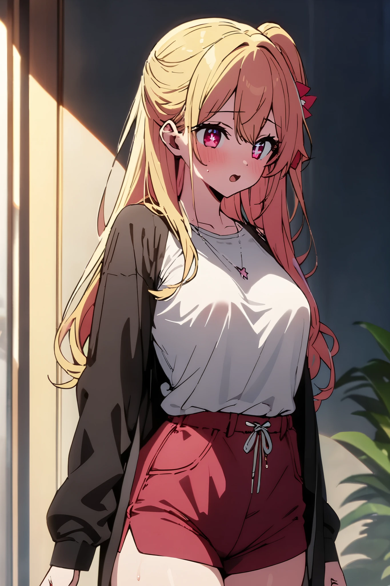 NSFW,masterpiece, top quality , high res, very detailed,Hoshino Ruby\(My Favorite \),Star-shaped pupils, long hair, side ponytail,Blonde, casual clothes,Date