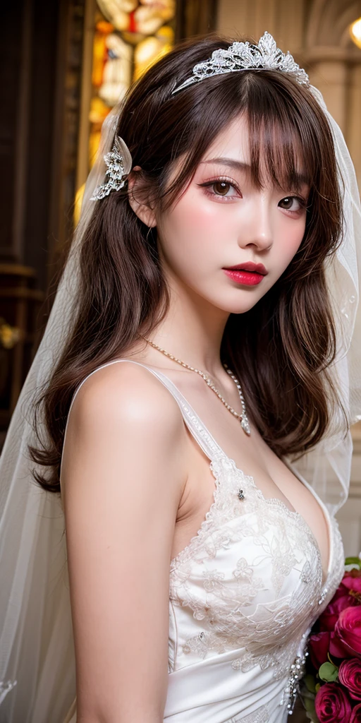 In the center of the image is the、A female character standing in an elegant gothic lolita outfit。She is turning slightly to the left。The character has silver hair with distinctive bangs and curls.、She wears a black lace headpiece and a long veil。Her makeup is dramatic、Dark eyeliner and thick lipstick accentuate her mysterious and brooding look.。
She wore a black dress with intricate lace detailing and multiple layers of ruffles.、It extends to the ankles。The bodice of the dress is decorated with a large black bow and corset-like lacing.。long sleeves、Comes with lace cuffs。She also、She wears black lace gloves that match her headpiece and veil.。
The background consists of a light-colored wall with decorative floral patterns.、It contrasts sharply with her dark outfit.。Soft, diffused light comes in from the left.、The soft lighting highlights the texture of her dress and accessories.、It creates shadows。
The overall atmosphere of the image is melancholic and elegant.、It captures the essence of Victorian-influenced Gothic fashion.。