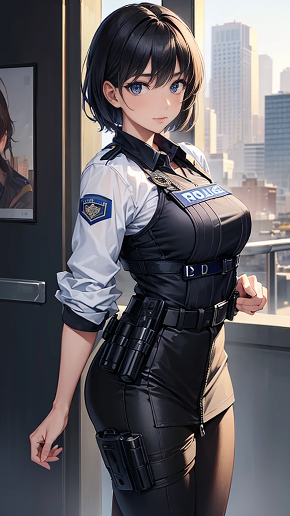 1 Female, Tamaki, short hair, hair between eyes, (detailed eyes:1.3), Business shirts, tie, tight suit trousers, Leather Holster, fingerless gloves
